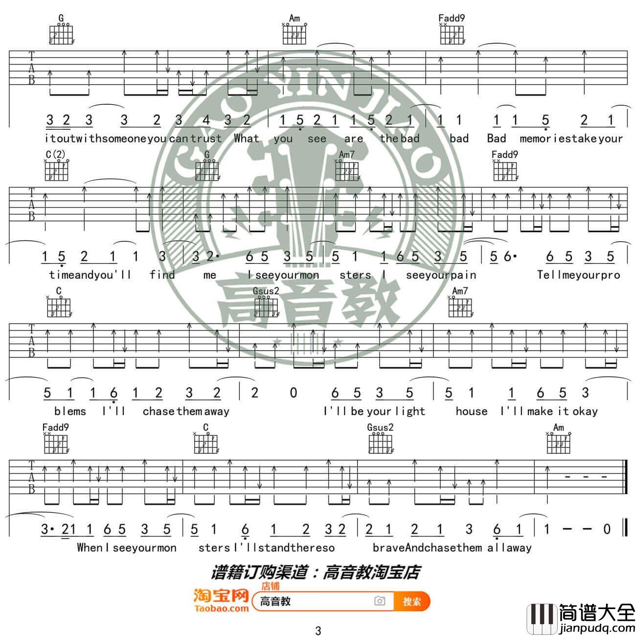 _Monsters_吉他谱_Katie_Sky_C调原版弹唱谱_高清六线谱