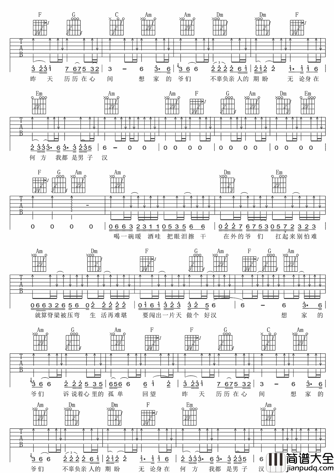 _想家的爷们_吉他谱_王旭_C调原版弹唱六线谱_高清图片谱