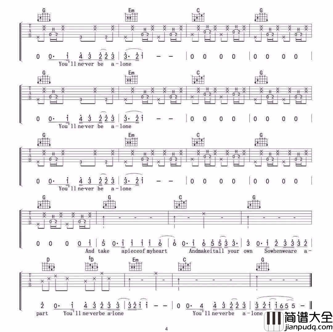 _Never_Be_Alone_吉他谱_Shawn_Mendes_G调原版弹唱六线谱