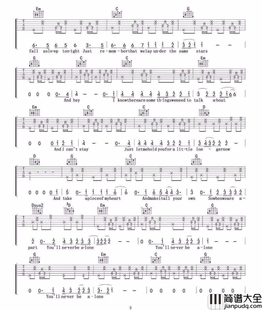 _Never_Be_Alone_吉他谱_Shawn_Mendes_G调原版弹唱六线谱