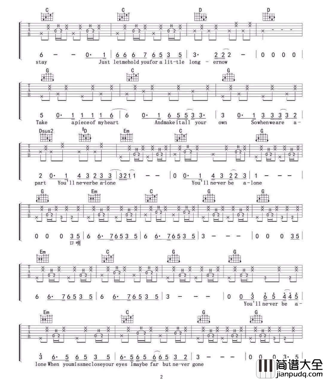 _Never_Be_Alone_吉他谱_Shawn_Mendes_G调原版弹唱六线谱