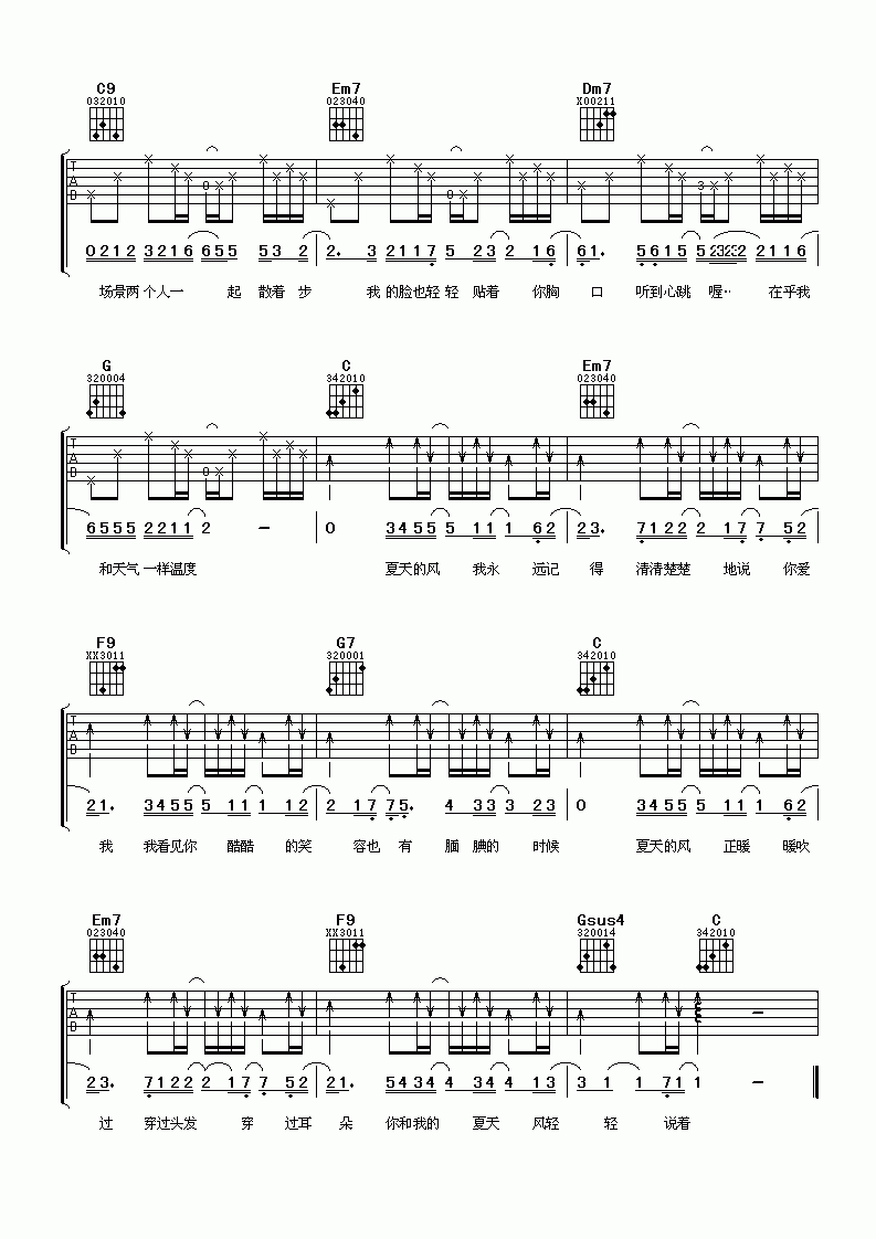夏天的风吉他谱F调分解和弦版温岚