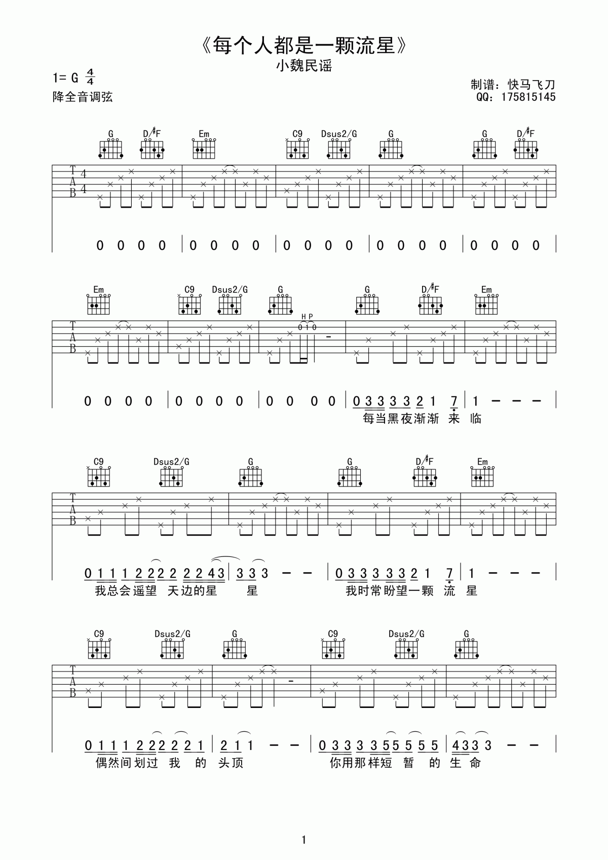 小魏_每个人都是一颗流星吉他谱_G调_简单版