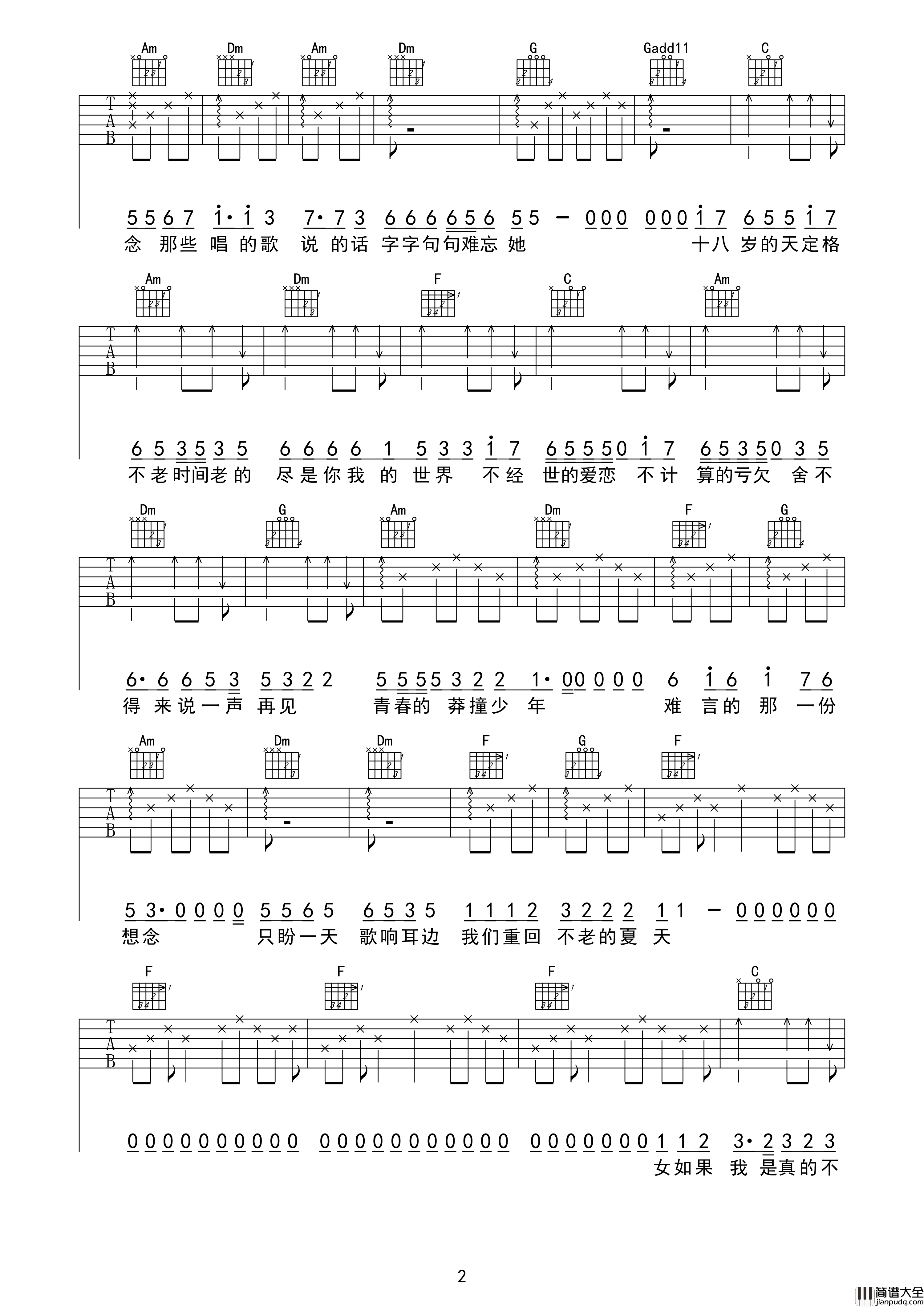 _初恋未满_吉他谱_张含韵/曹轩宾_F调弹唱谱_高清六线谱