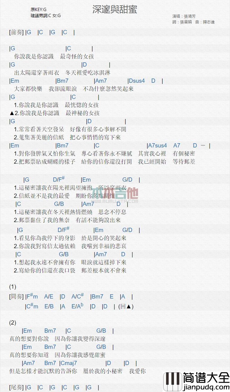 深邃与甜蜜_吉他谱_张清芳