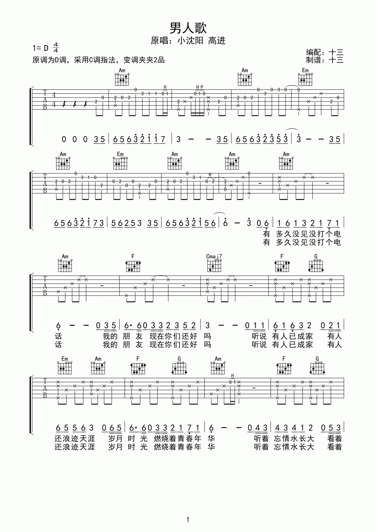 小沈阳/高进_男人歌吉他谱