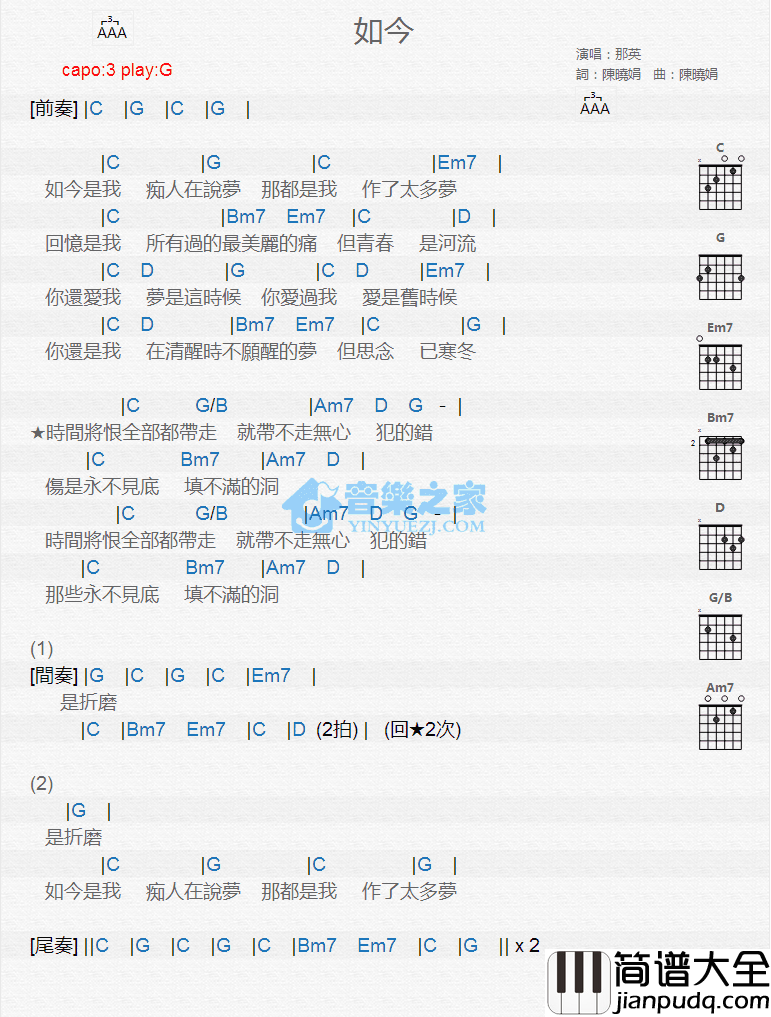 如今吉他谱_G调版_那英