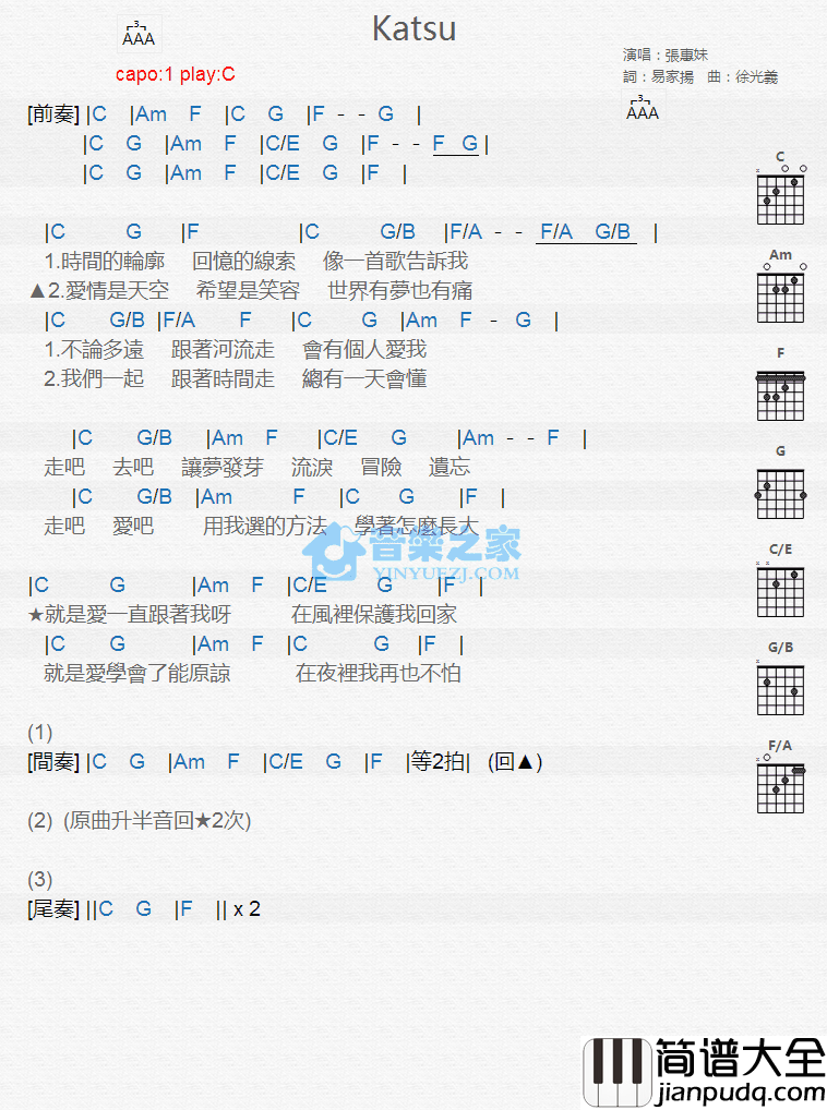 Katsu吉他谱_C调版_张惠妹