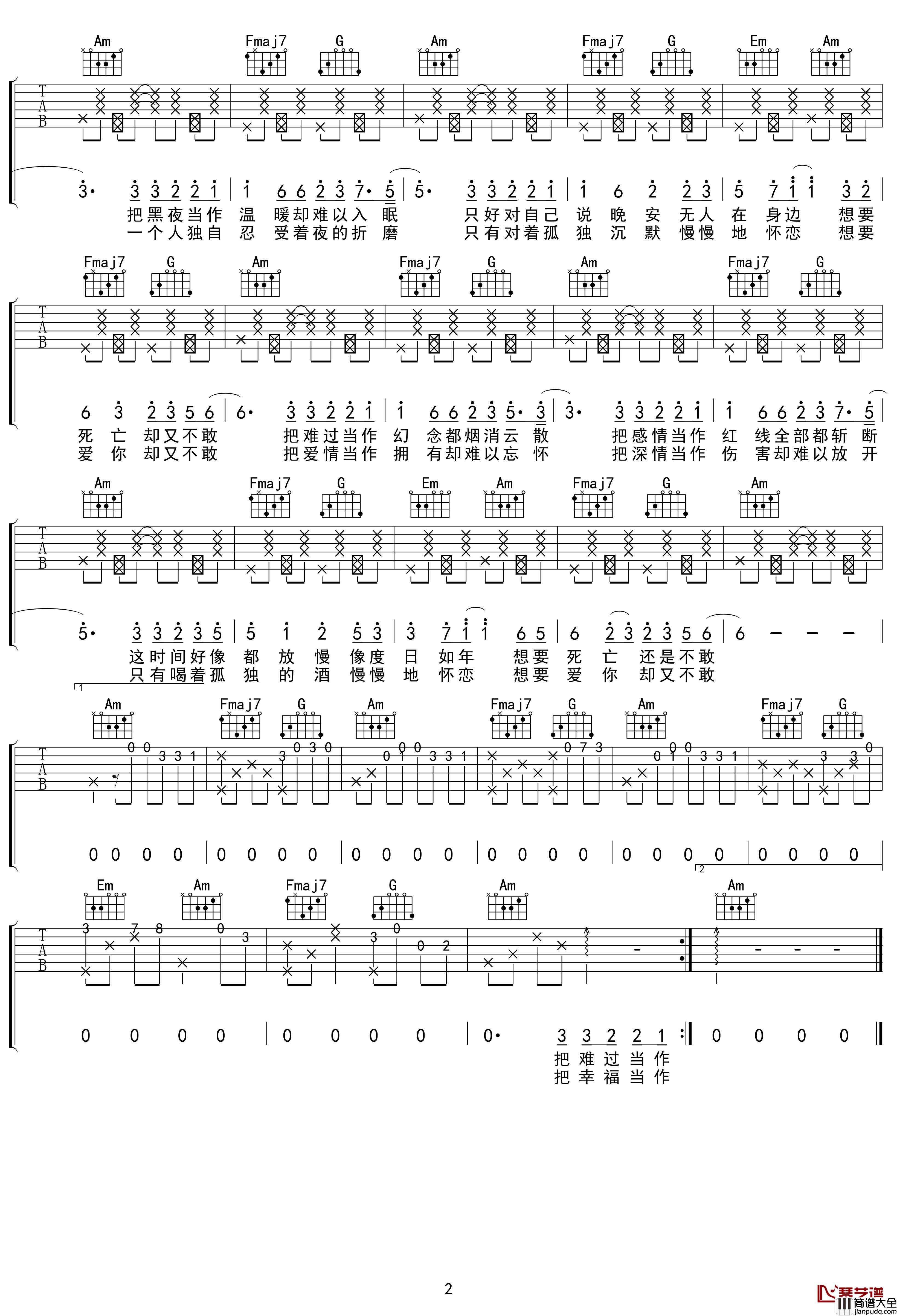 刘旭阳_把孤独当做晚餐/想死却又不敢_吉他谱_C调_抖音