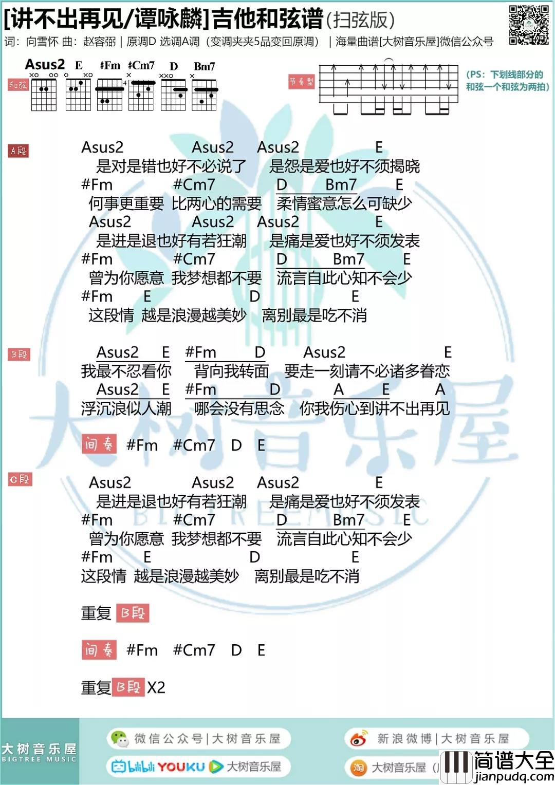 _讲不出再见_谭咏麟吉他谱_100吉他网