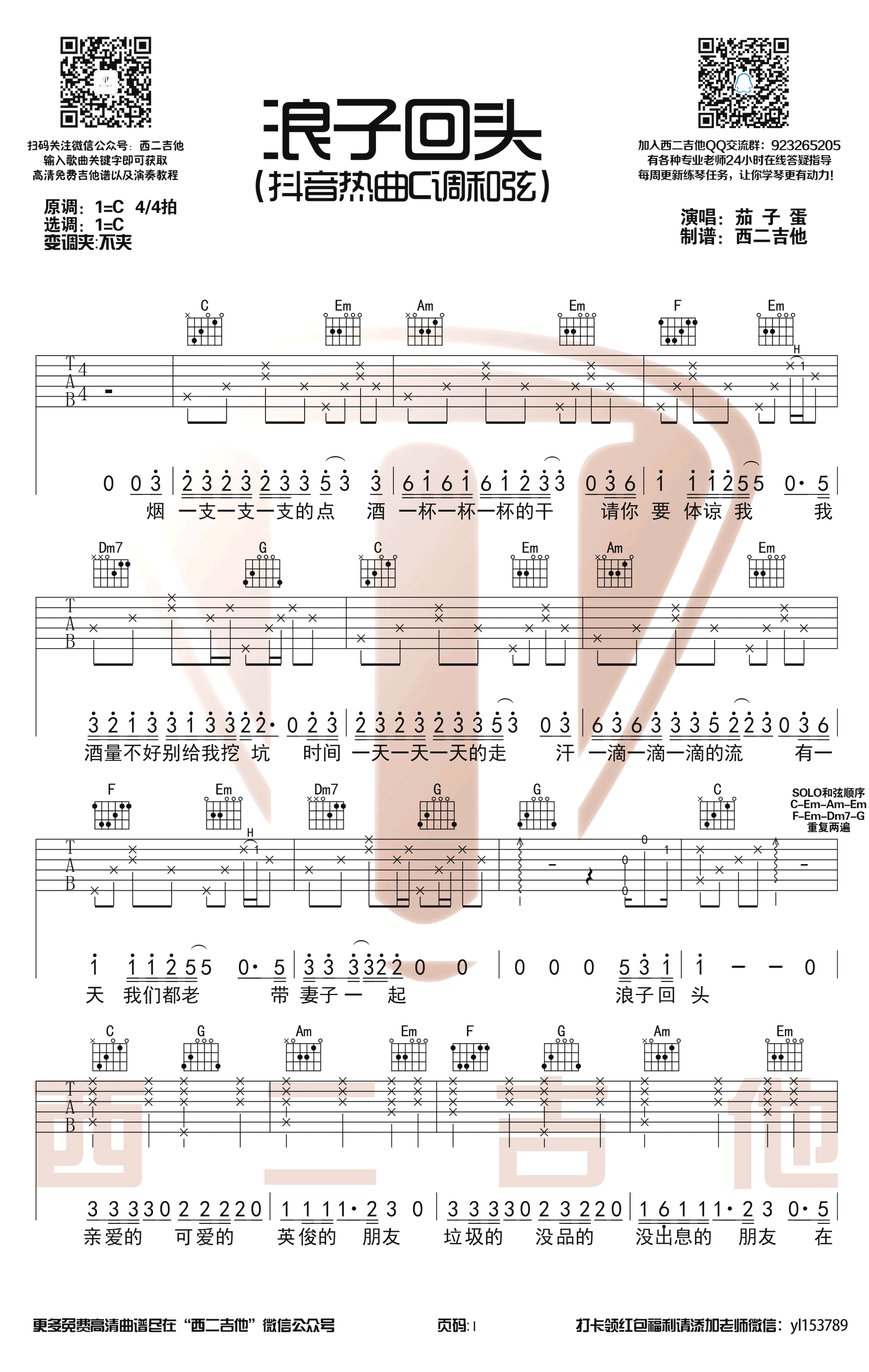 浪子回头吉他谱茄子蛋C调简单版抖音歌曲