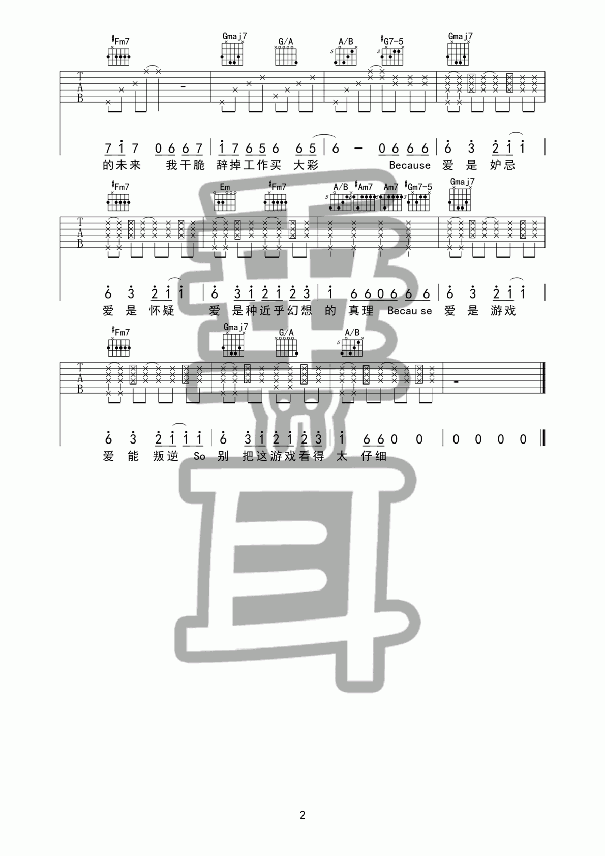 爱是怀疑吉他谱_垂耳吉他Funk版__陈奕迅