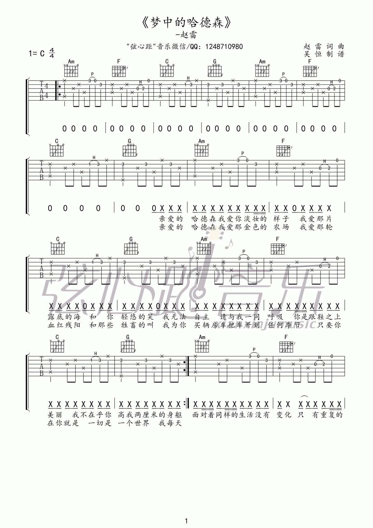 梦中的哈德森吉他谱_C调_赵雷