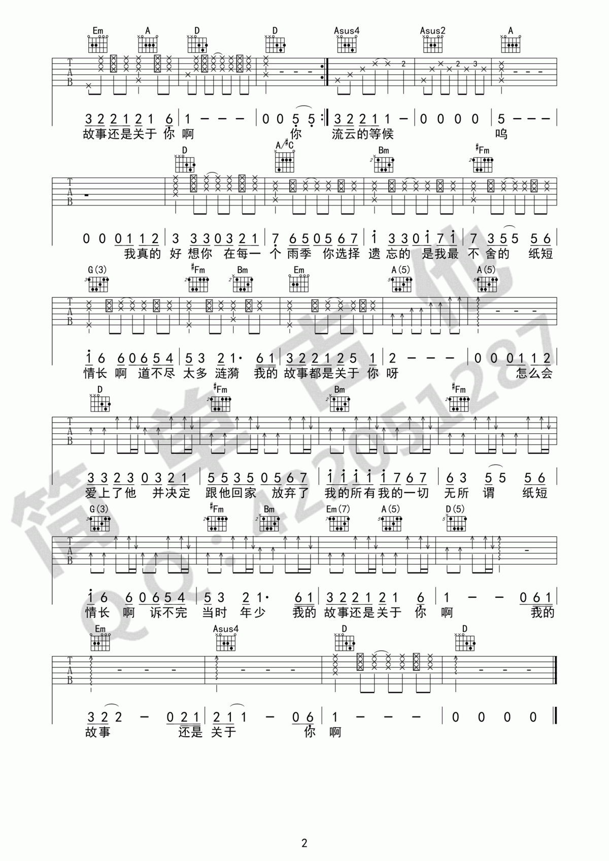 纸短情长吉他谱_烟把儿乐队_D调_简单版