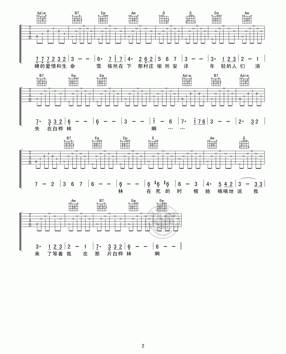 白桦林吉他谱_G天虹乐器版__朴树