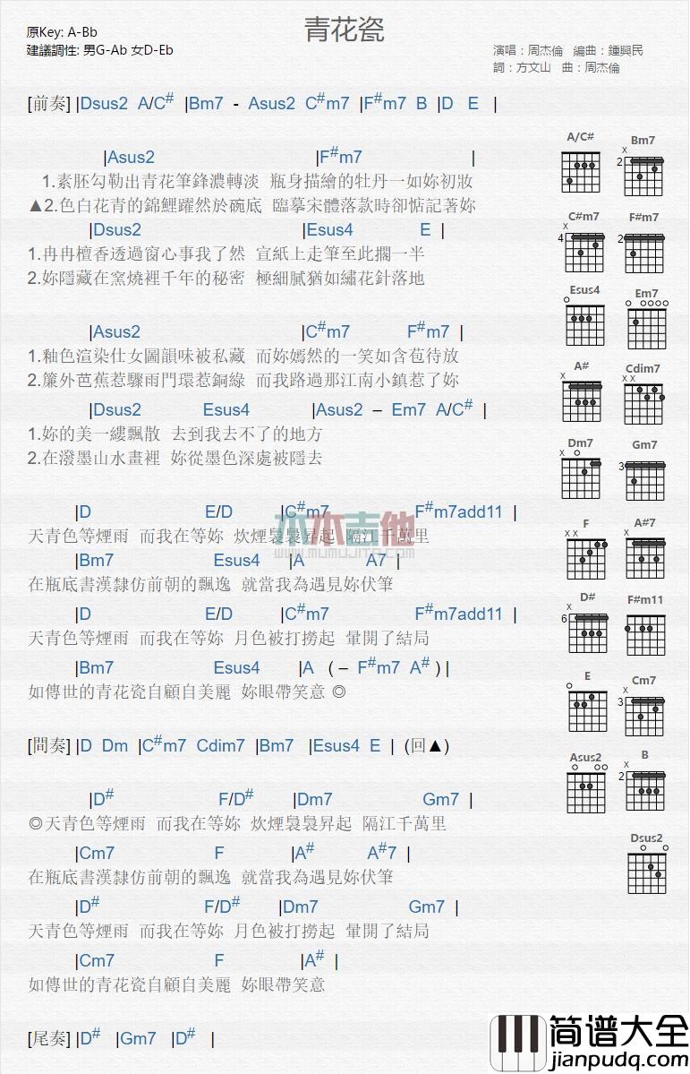 青花瓷图片吉他谱演唱周杰伦D调