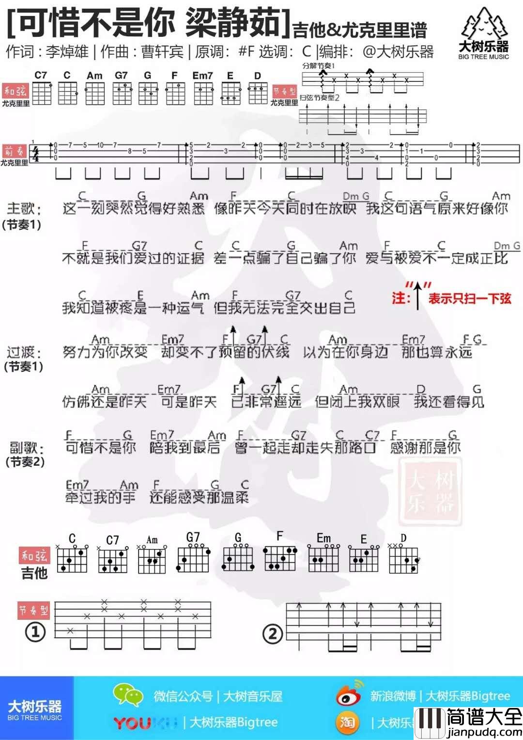 可惜不是你图片吉他谱演唱梁静茹A调指弹版