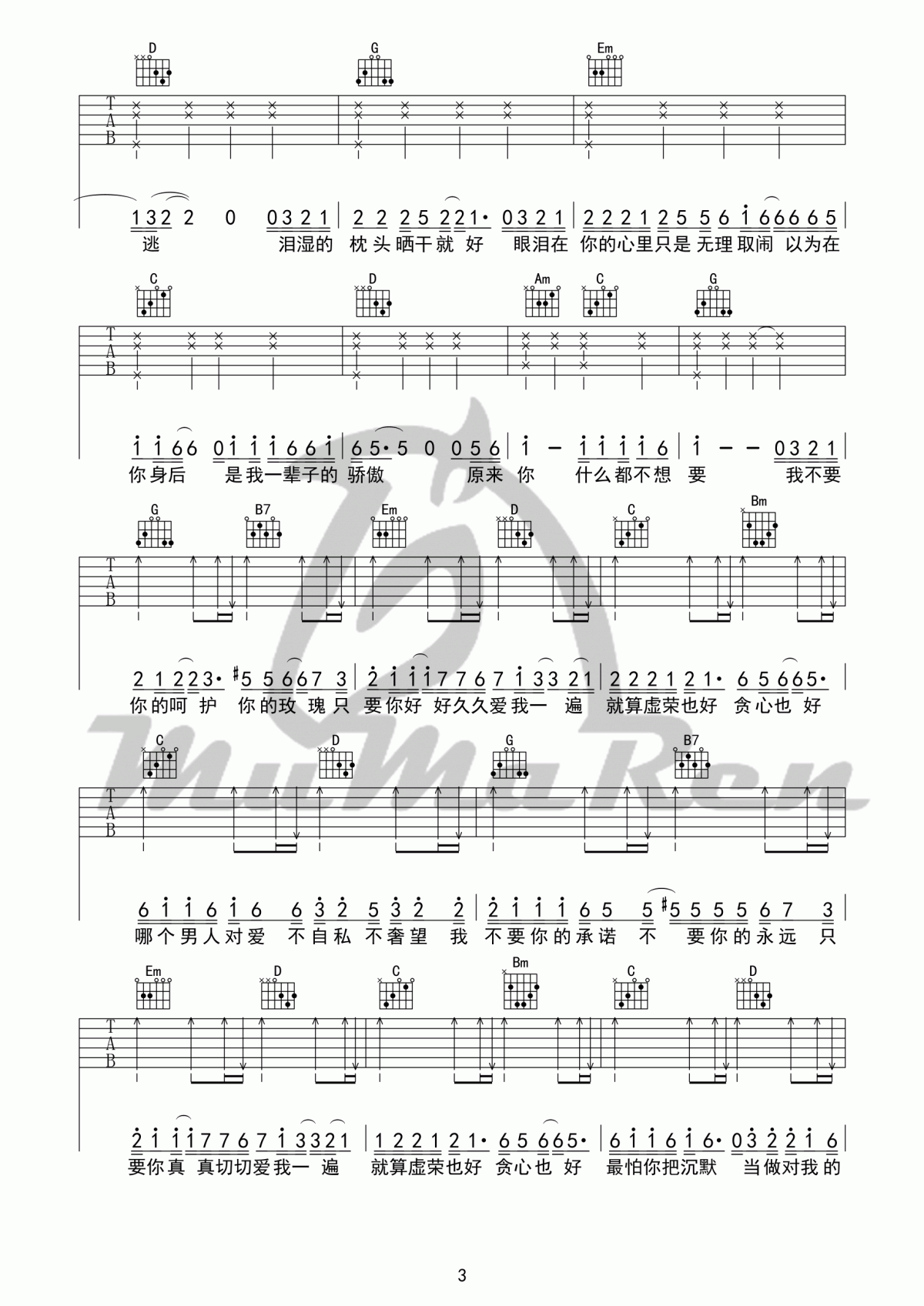 原来你什么都不要吉他谱_G调_张惠妹