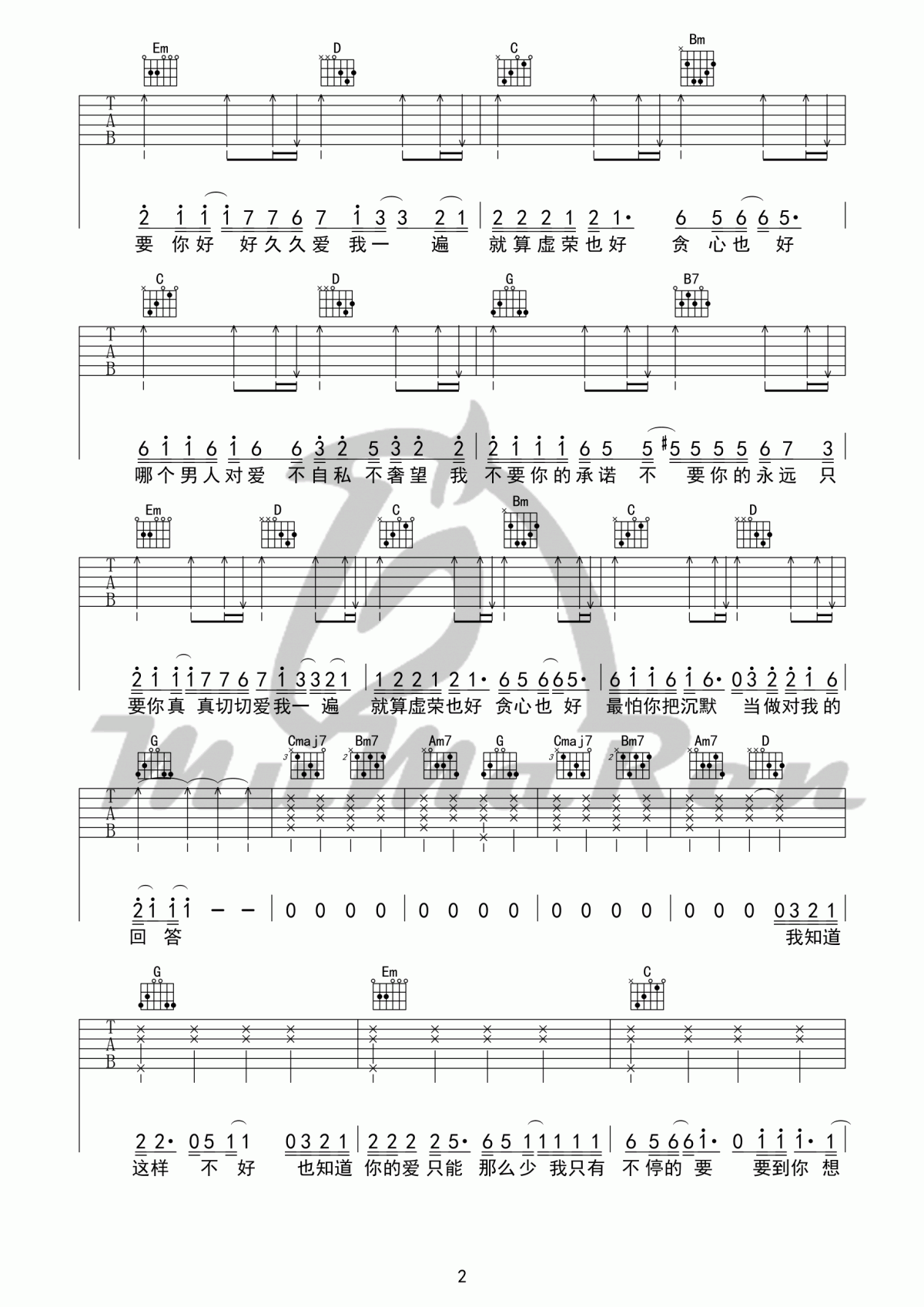 原来你什么都不要吉他谱_G调_张惠妹