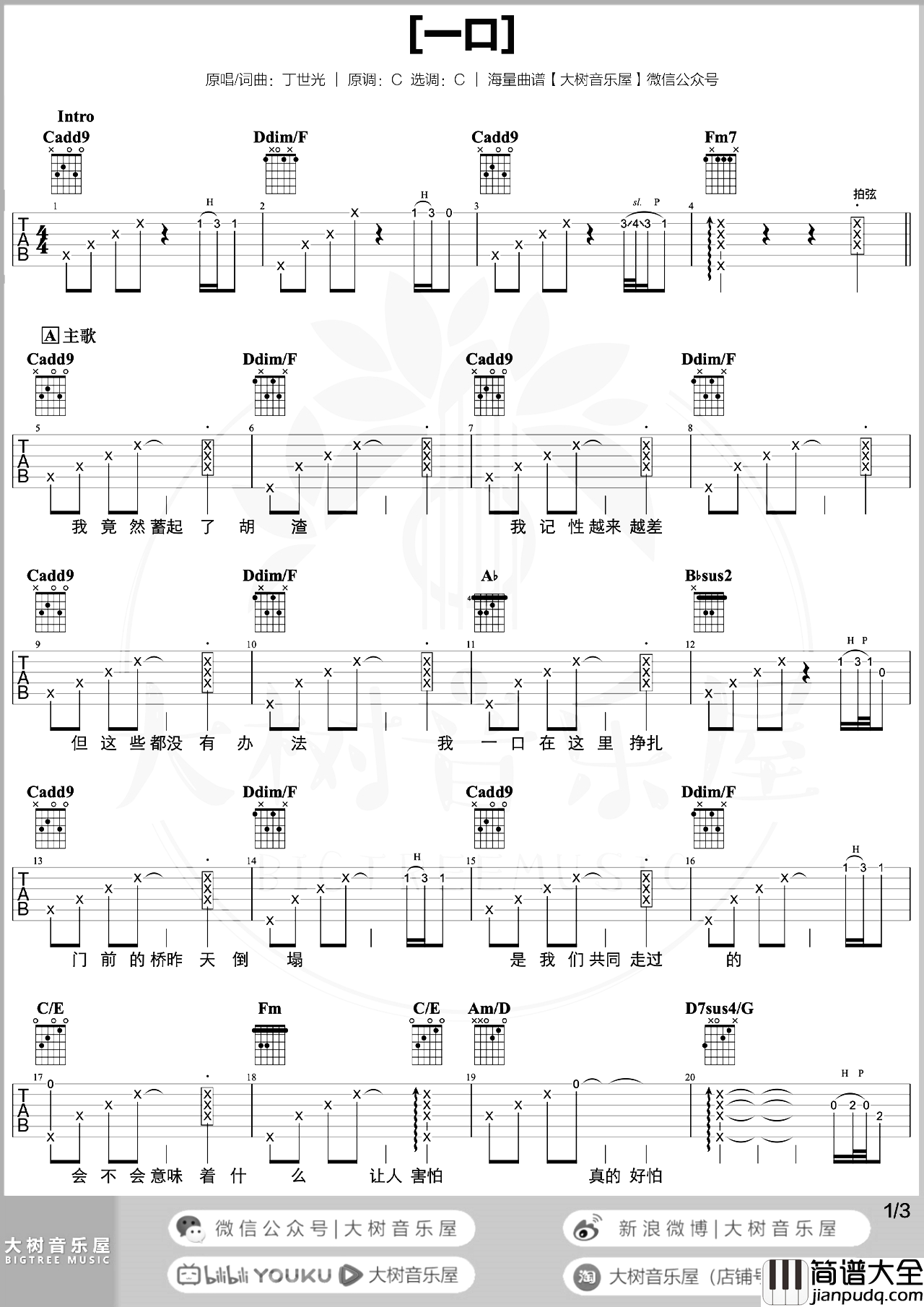 一口吉他谱_丁世光_C调弹唱谱_吉他教学视频