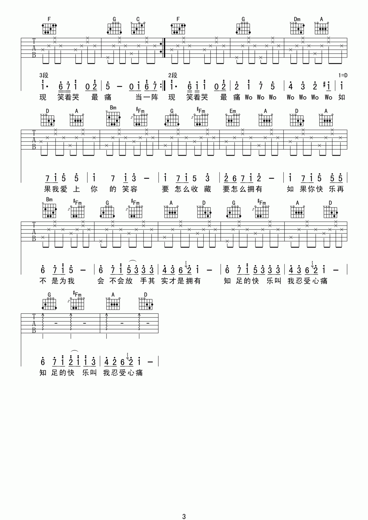 知足吉他谱_C调_简单版_五月天