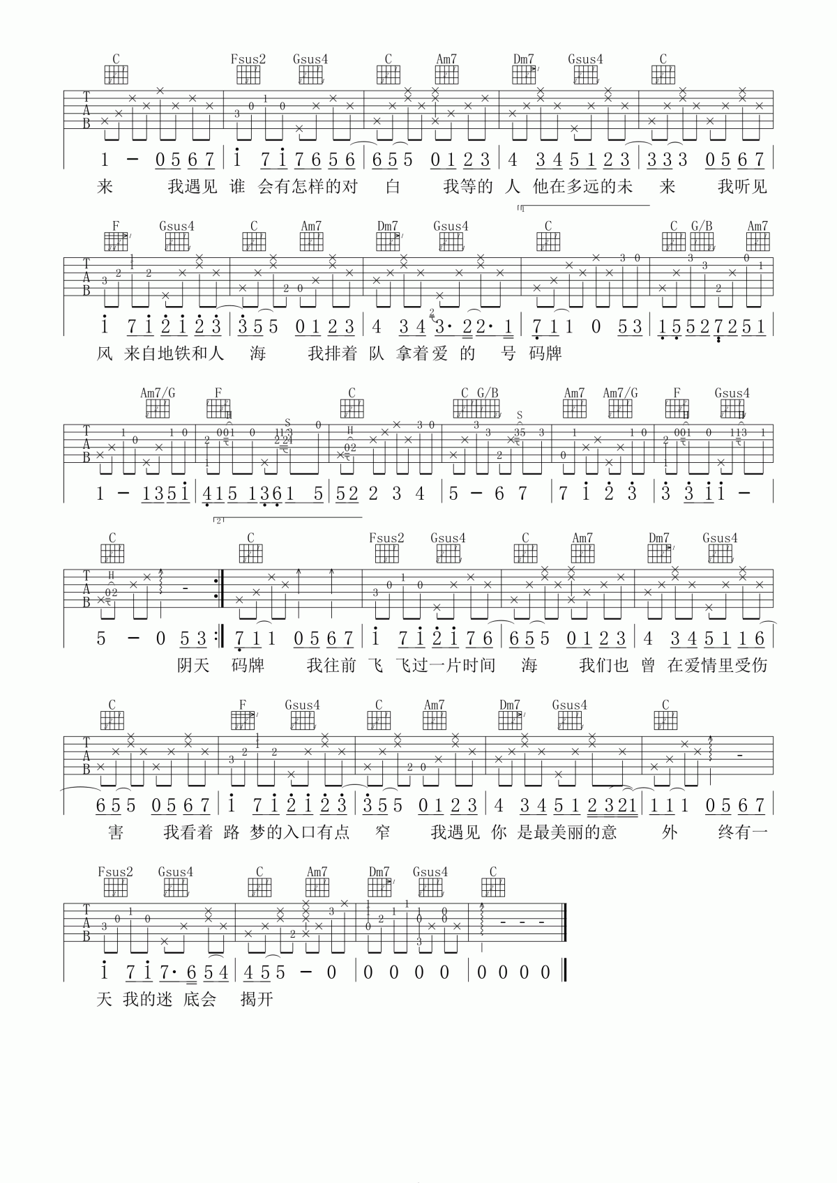 遇见吉他谱_C调_孙燕姿