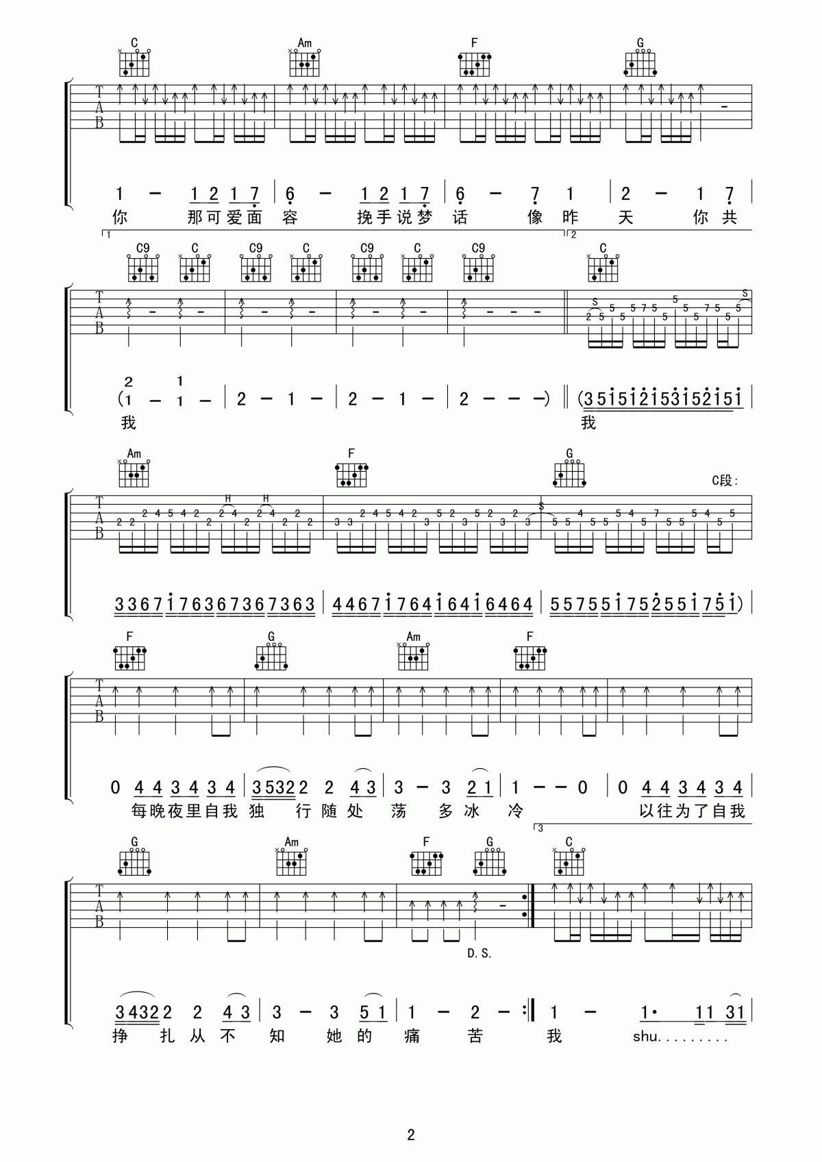 beyond_喜欢你吉他谱_C调_扫弦版