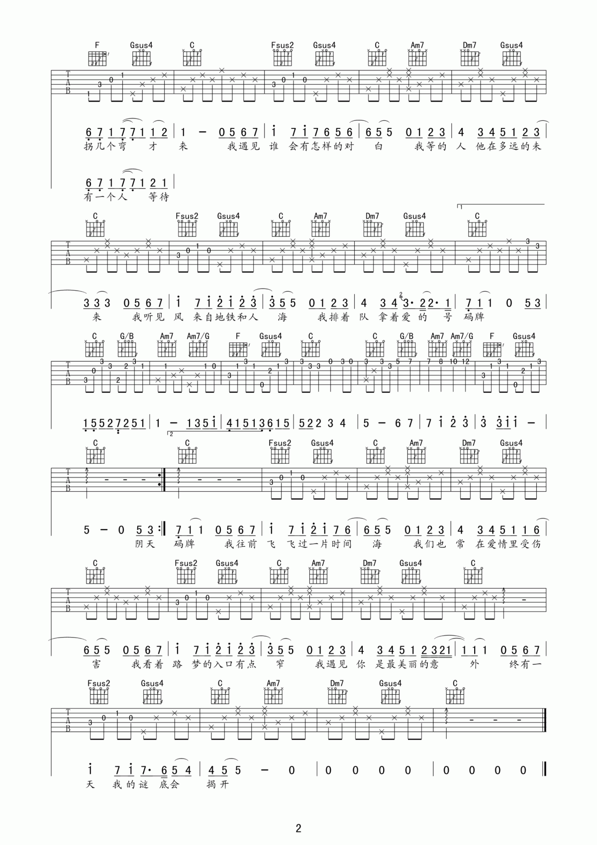 孙燕姿_遇见_吉他谱_G调