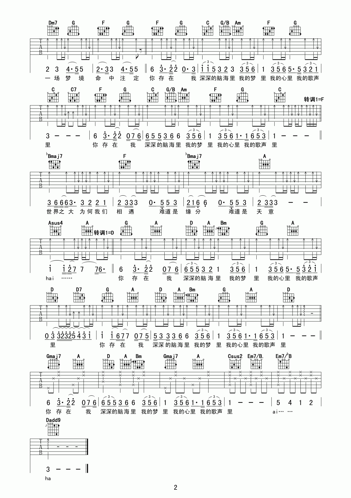 我的歌声里吉他谱_C调_曲婉婷