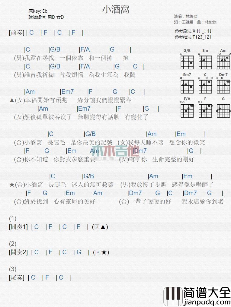 小酒窝_吉他谱_林俊杰,蔡卓妍