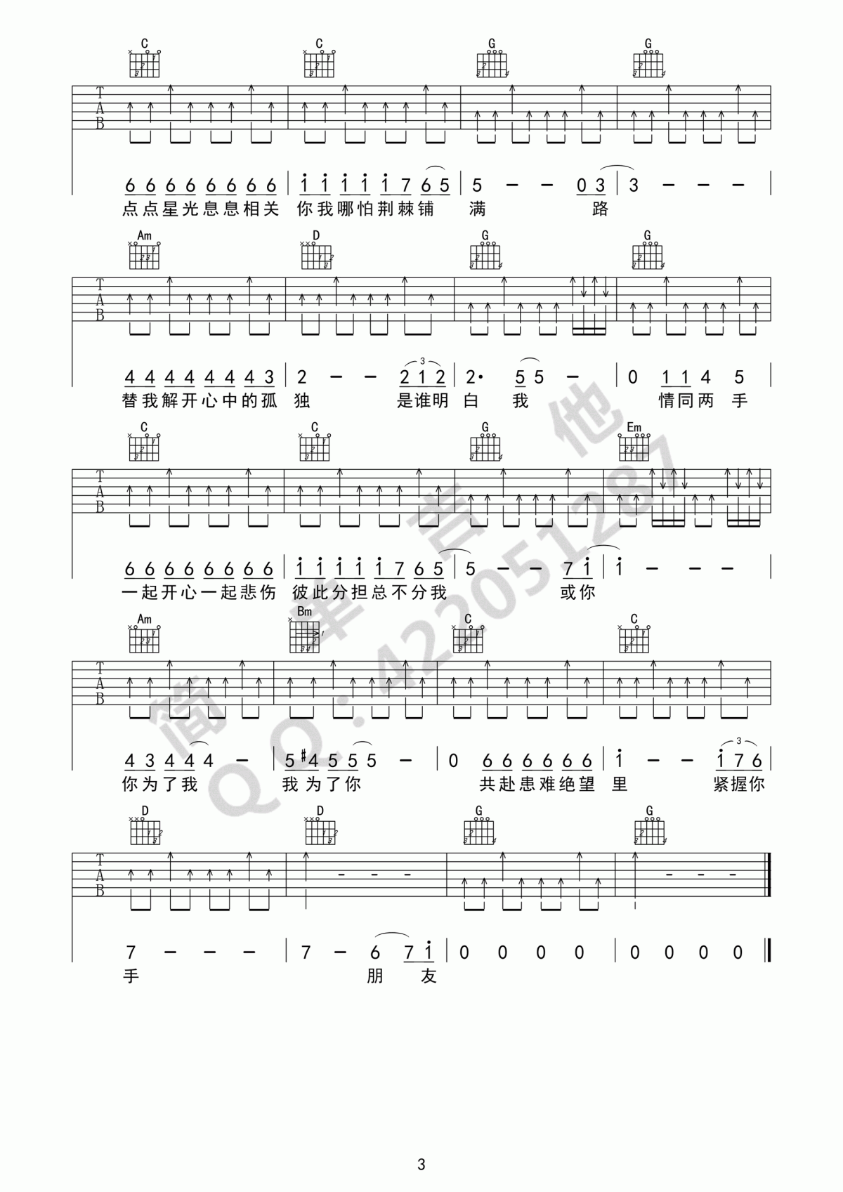 朋友吉他谱_谭咏麟(D调