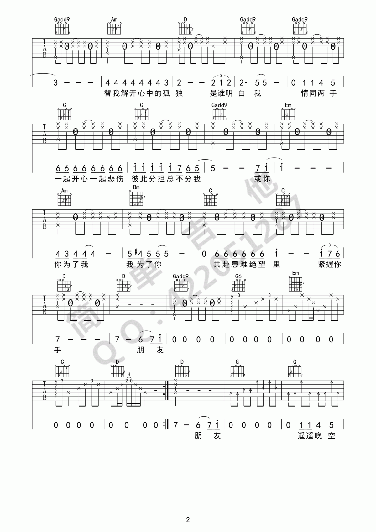 朋友吉他谱_谭咏麟(D调