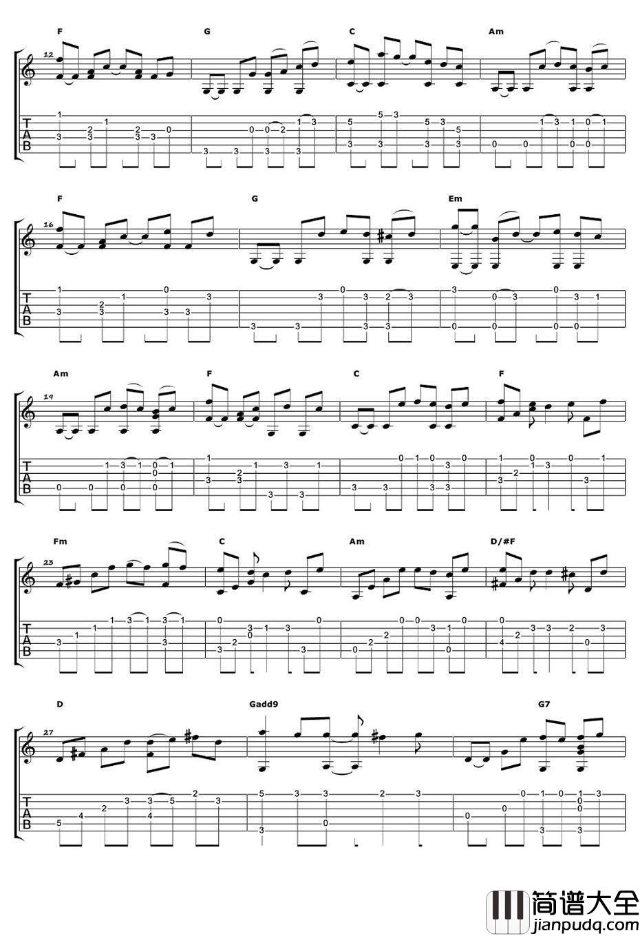 梁静茹_小手拉大手_指弹谱_宫崎骏_幻化成风吉他独奏谱