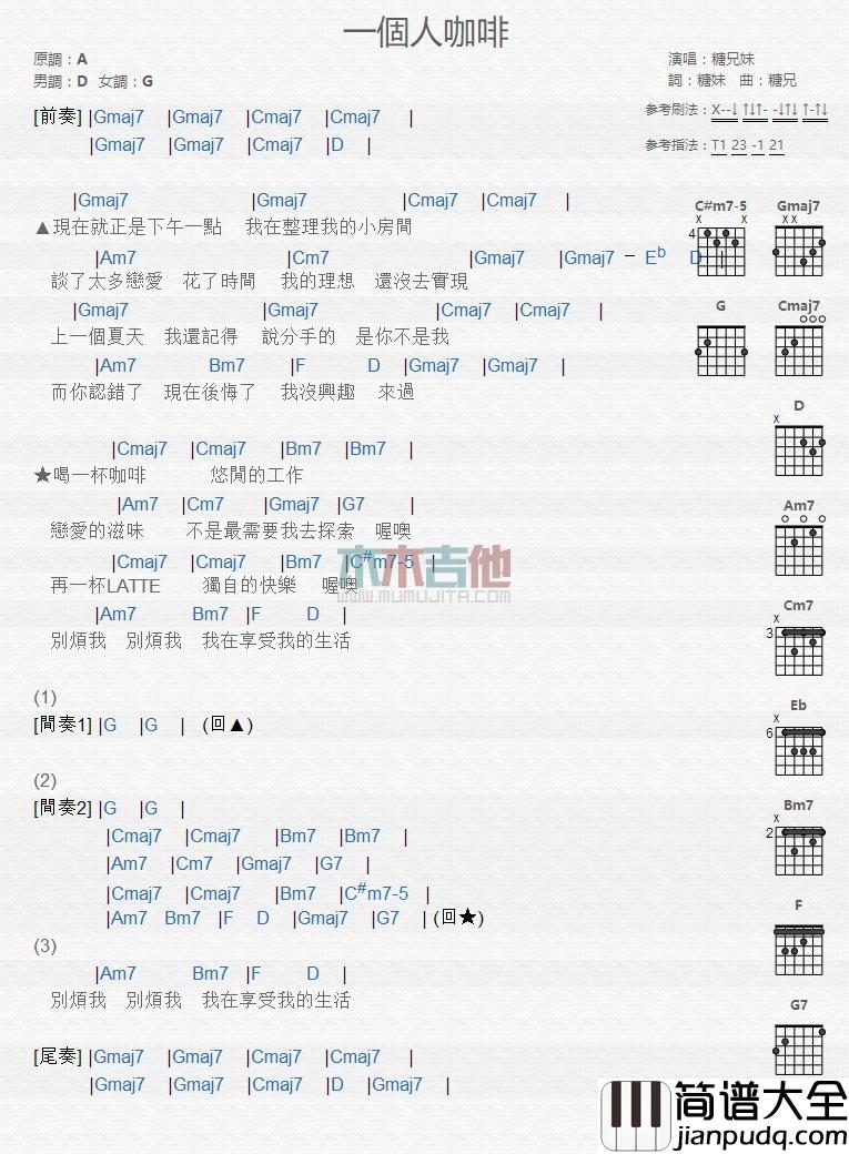 一个人咖啡_吉他谱_糖兄妹