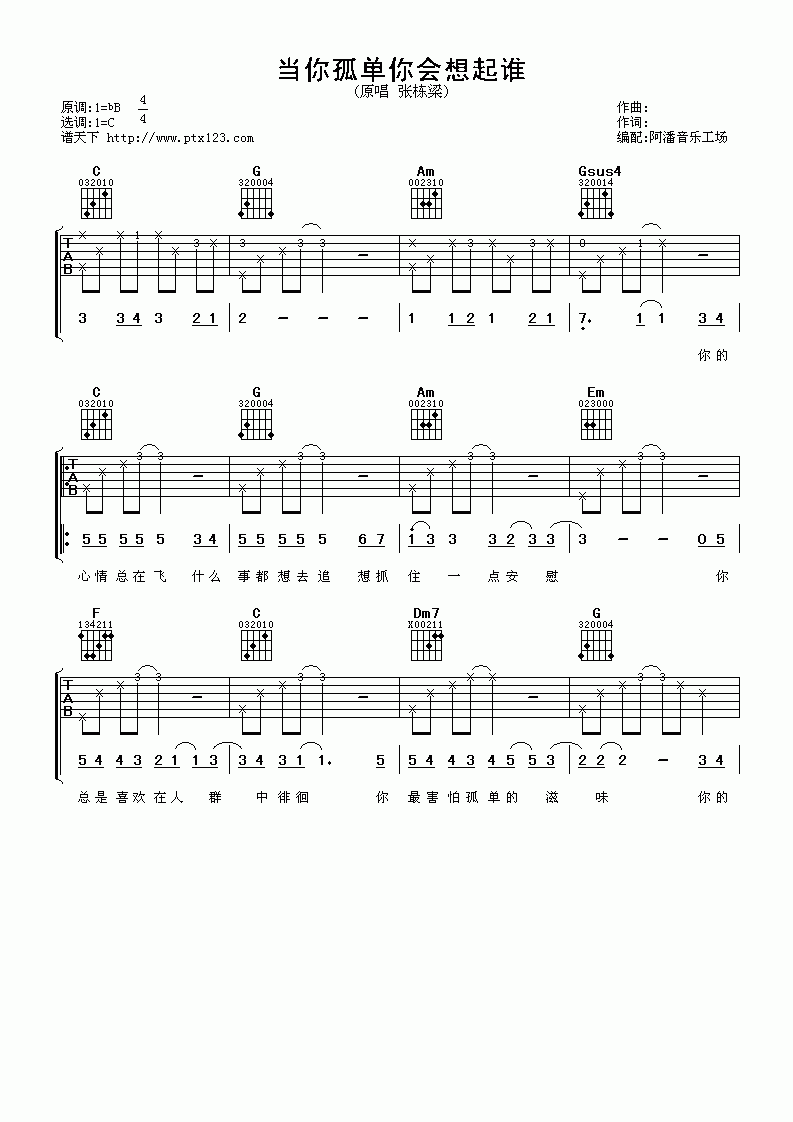 张栋梁_当你孤单你会想起谁吉他谱