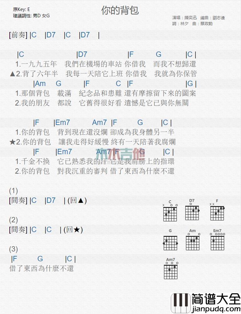 你的背包_吉他谱_陈奕迅