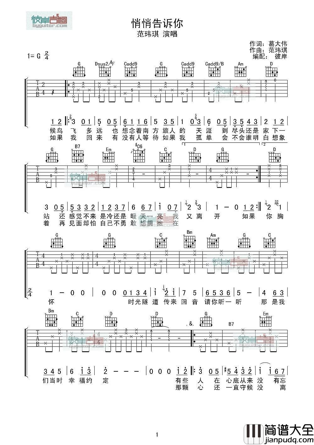 悄悄告诉你_吉他谱_范玮琪