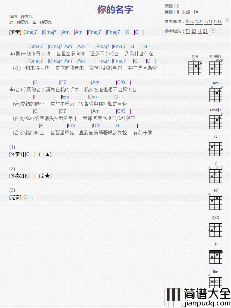 你的名字_吉他谱_陈零九