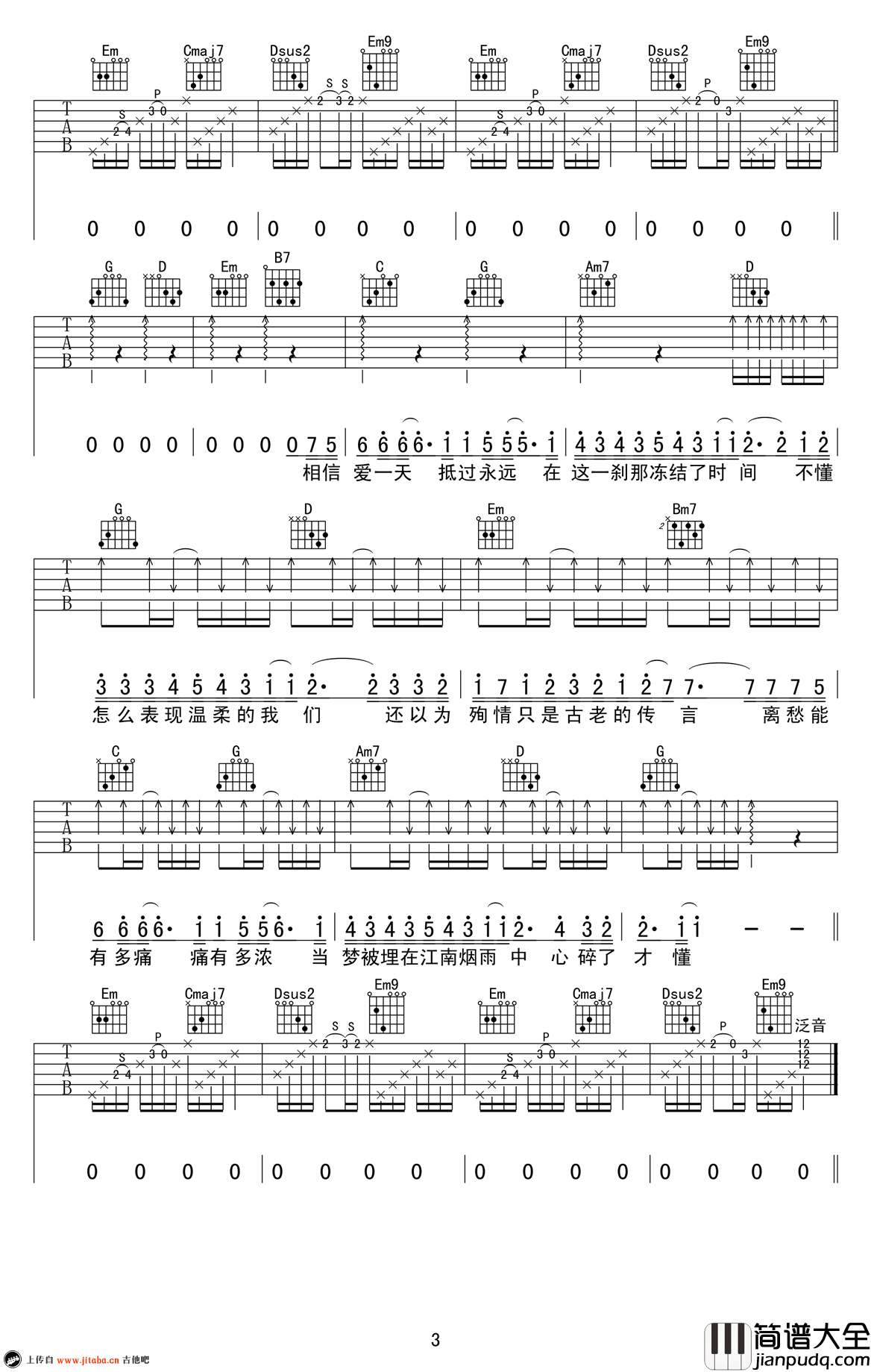 林俊杰_江南_吉他谱_G调_弹唱谱