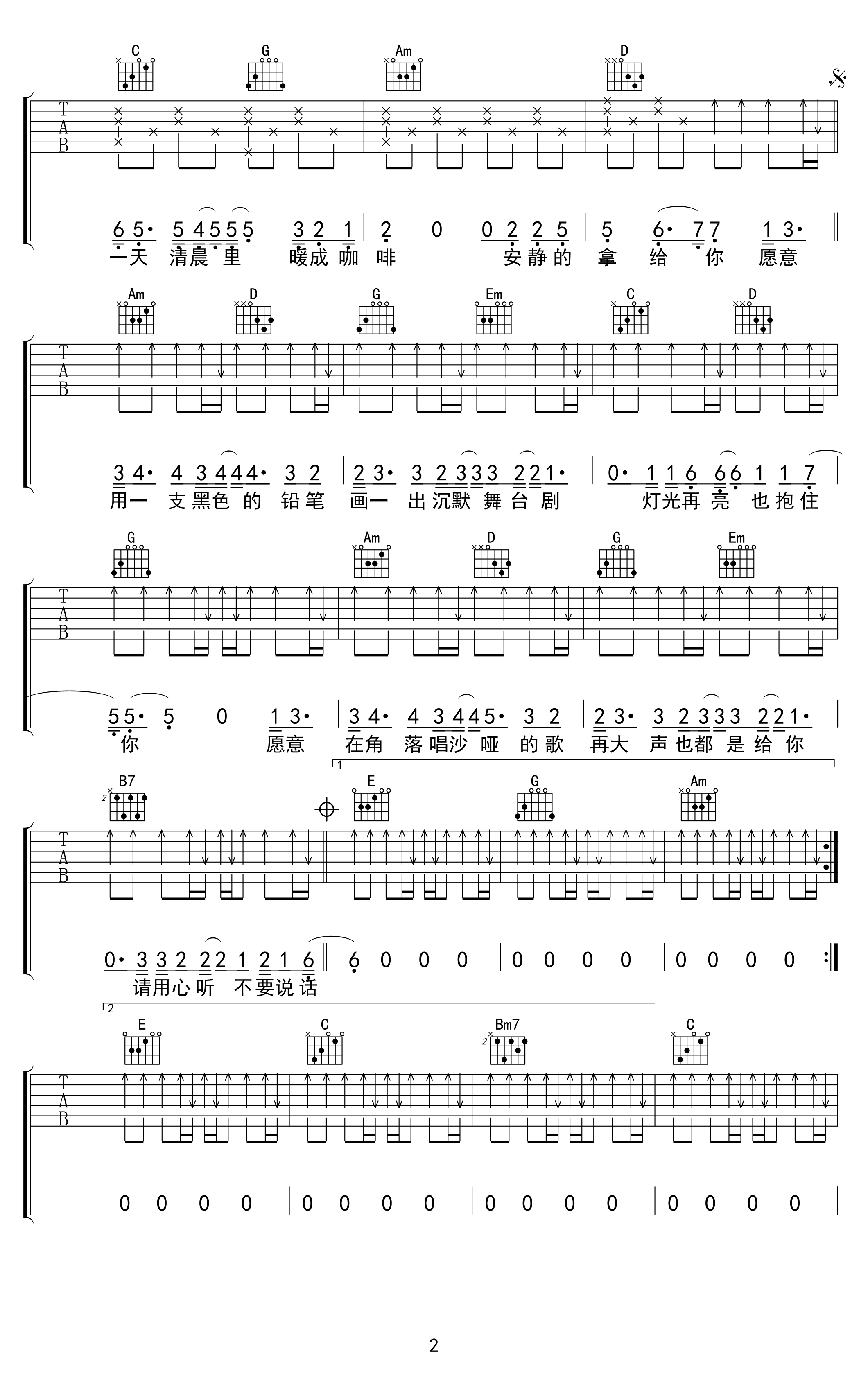 不要说话吉他谱_G调_陈奕迅_高清弹唱六线谱