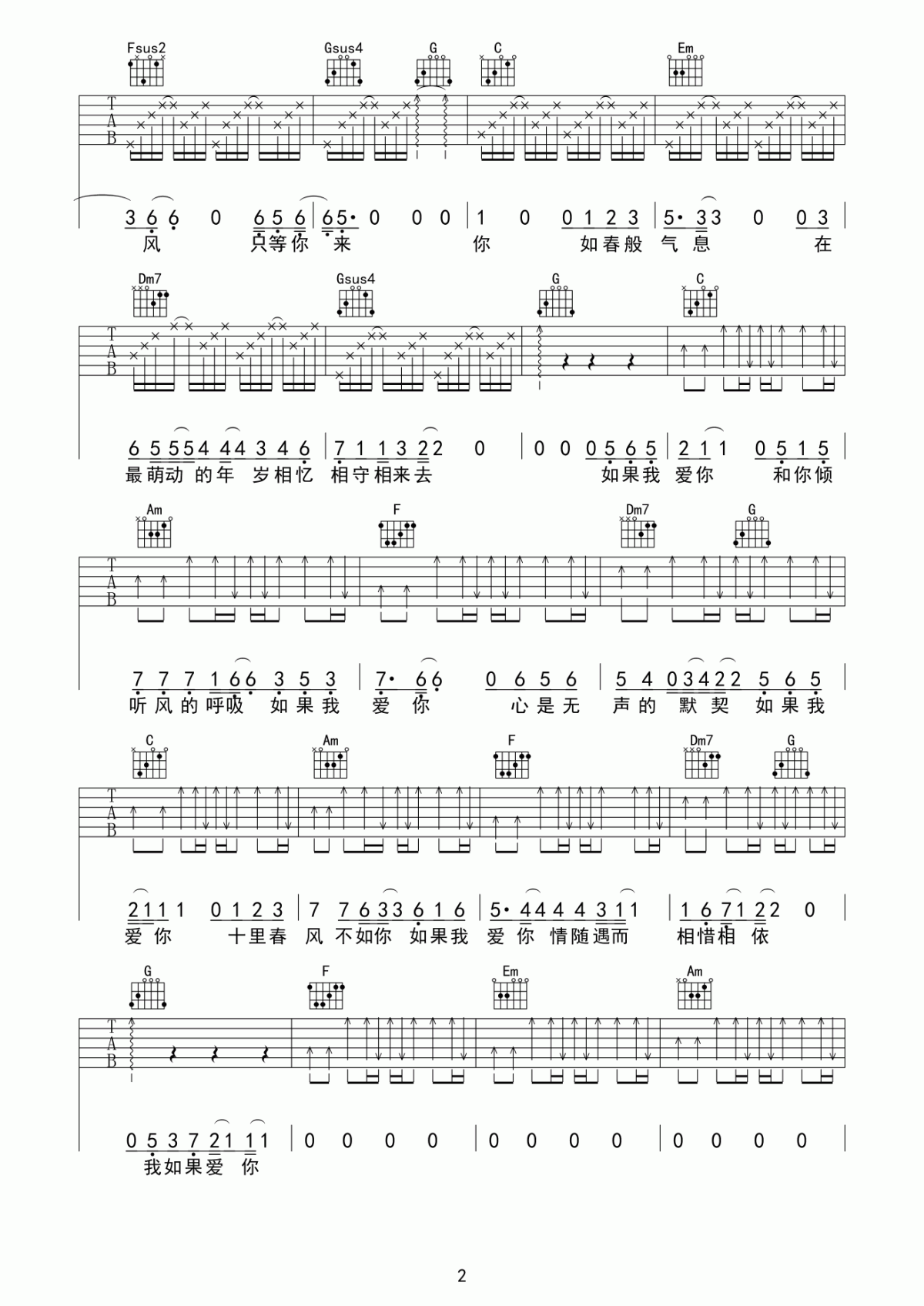 如果我爱你吉他谱_张一山/周冬雨_C调