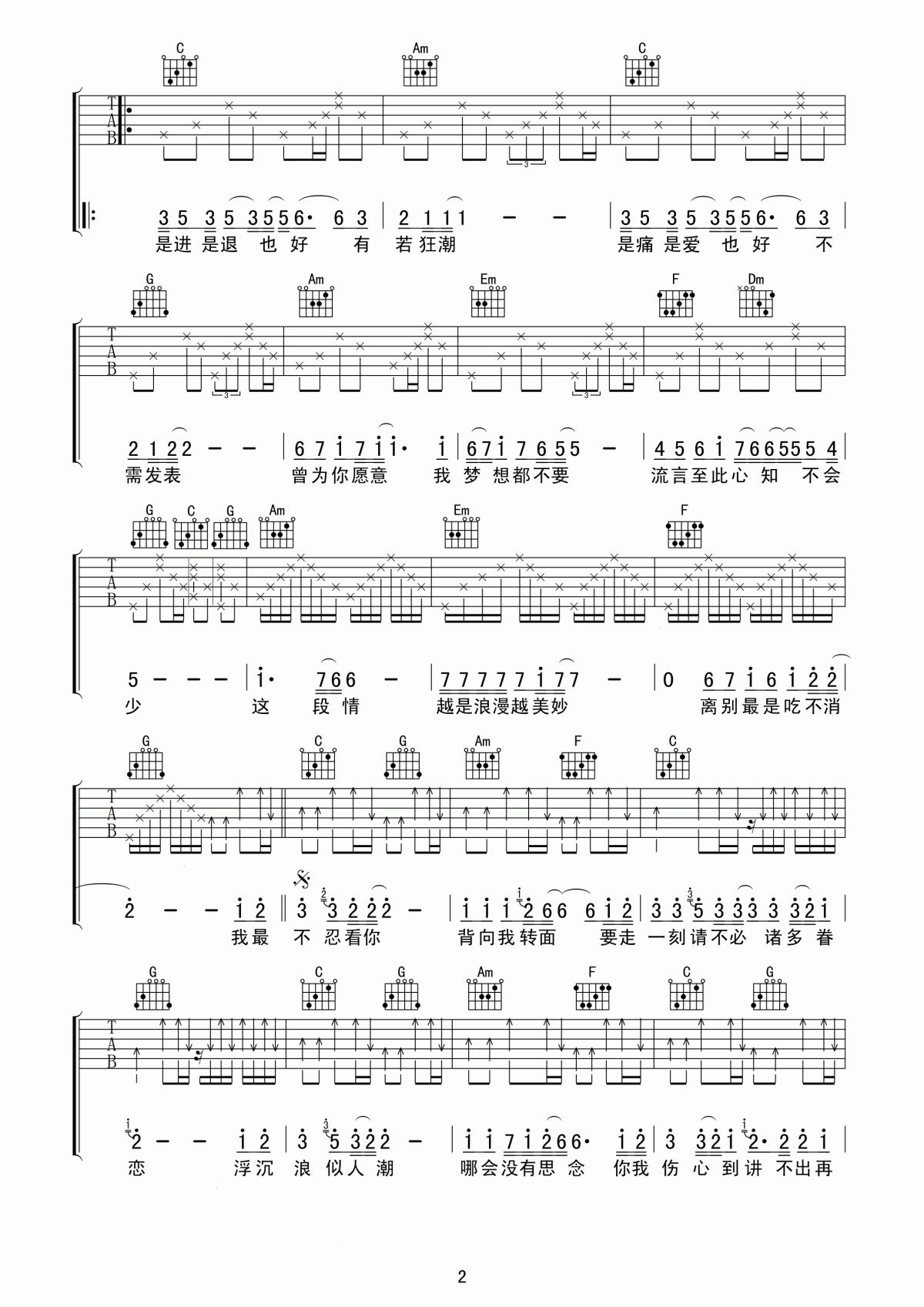 讲不出再见吉他谱_C调_谭咏麟