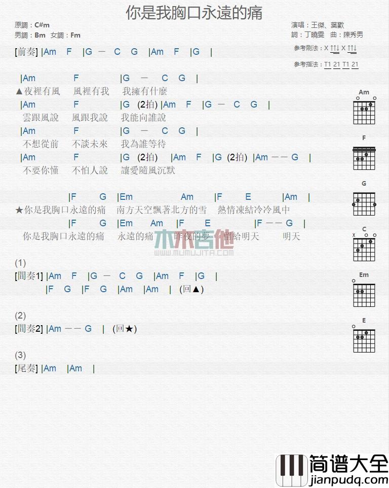 你是我胸口永远的痛_吉他谱_王杰,叶欢