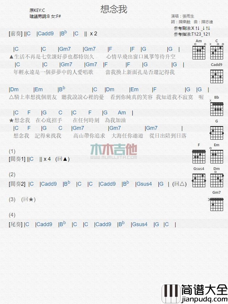 想念我_吉他谱_张雨生