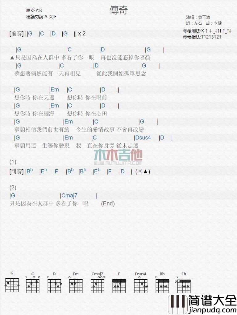 传奇_吉他谱_费玉清