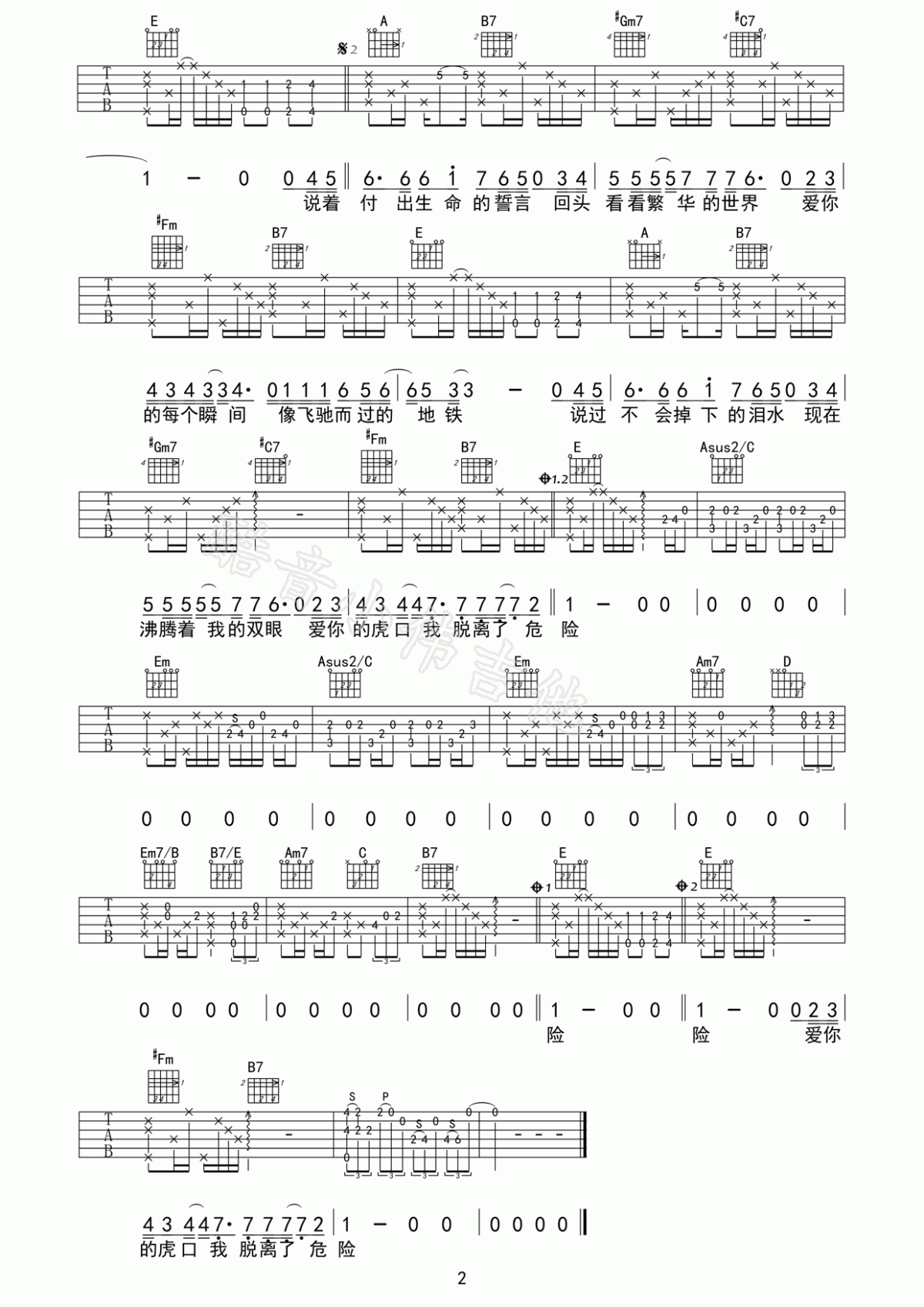 虎口脱险吉他谱_E调_老狼