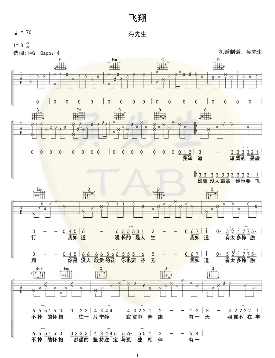 飞翔吉他谱_海先生__飞翔_G调原版弹唱六线谱_高清图片谱