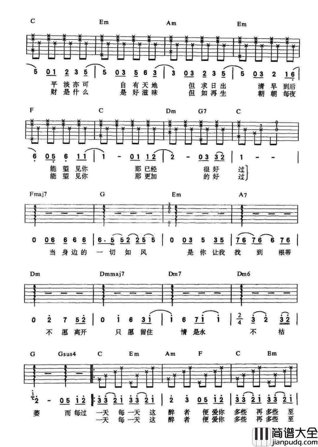 _每天爱你多一些_吉他谱_张学友_C调弹唱六线谱_高清图片谱