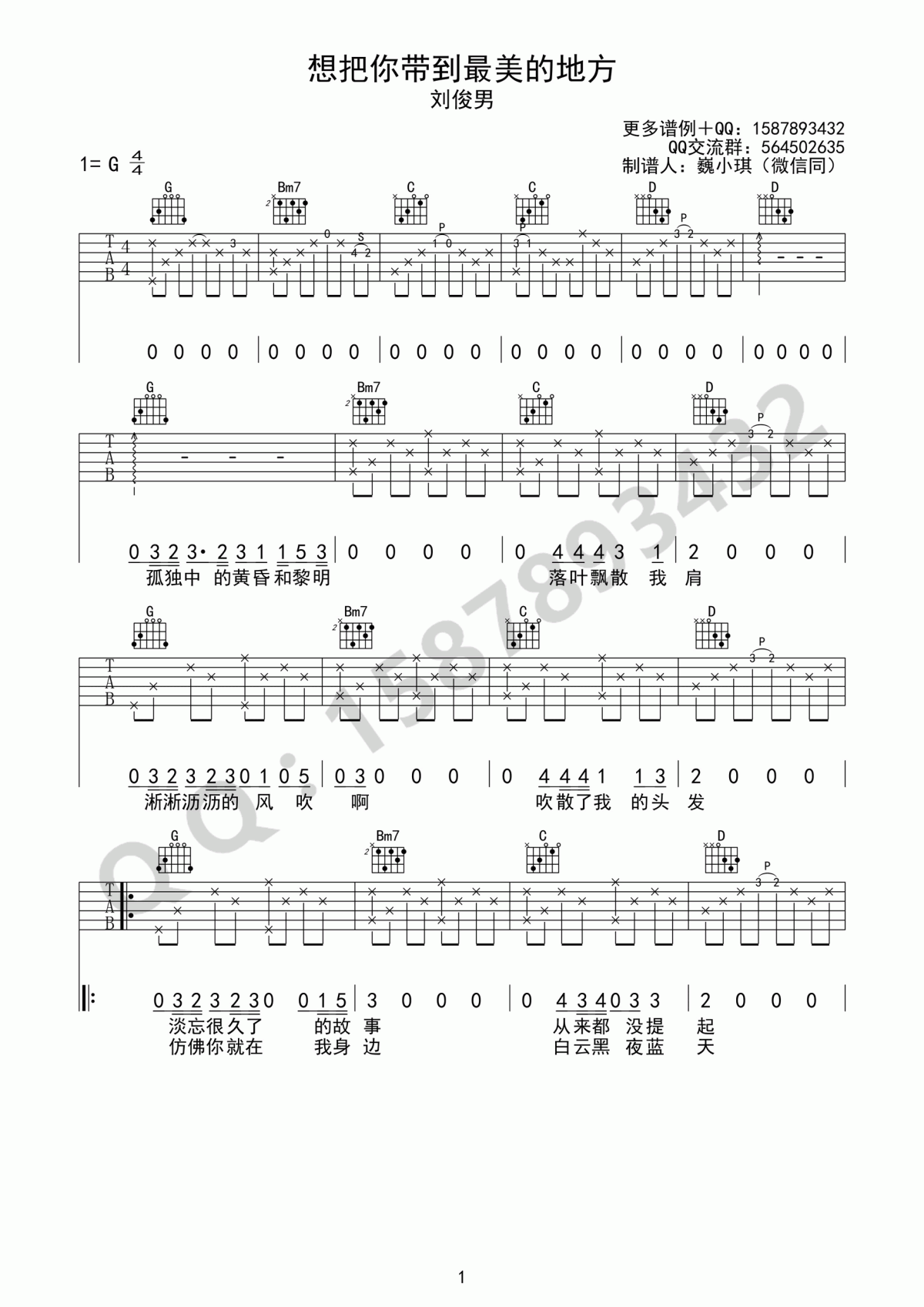 想把你带到最美的地方去吉他谱_刘俊男_G调_简单版
