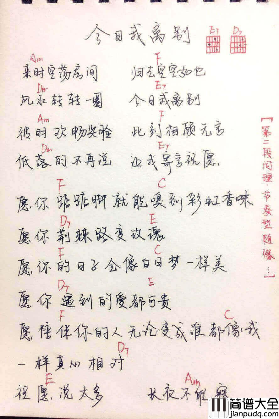 刘润洁_今日我离别_吉他谱_简单版_和弦弹唱谱